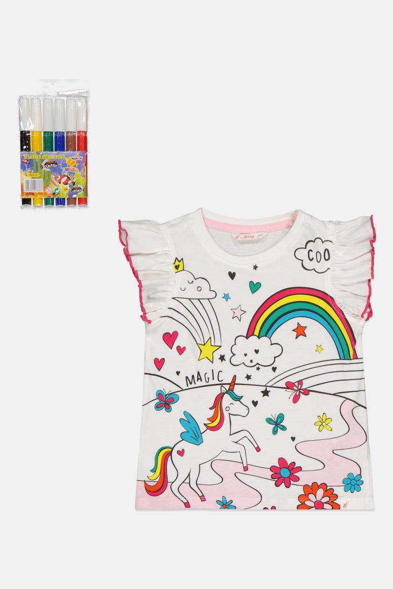 Hamleys Toddlers Girl Crew Neck Flutter Sleeve Graphic Print Top With Water Color Set, Multicolor - Image 2